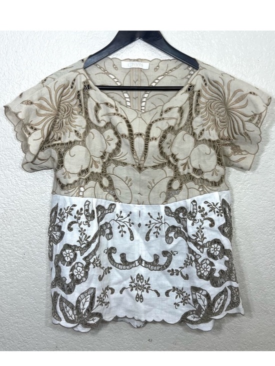 Chloe Tops - Chloe Eyelet Cotton Blend Top Cream and White Boho Size L